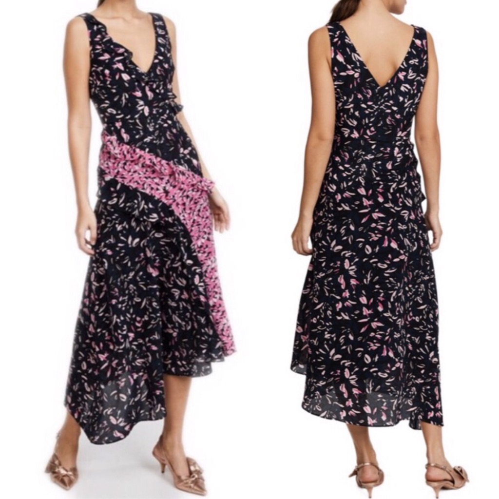 Saloni Silk Aggie Midi Dress Patterned With Ruffles In Navy Blue And Pink Size 4